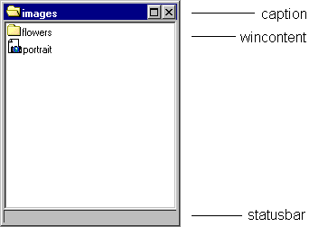 A grey window with a blue title-bar and the content as a white window inside, with a list of icons and text